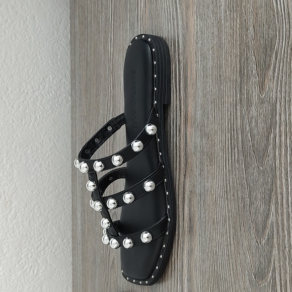 Sincerely Jules VENTURA Black Silver Studs Square Toe Slip On Flat Sandals 6.5 - Picture 5 of 10